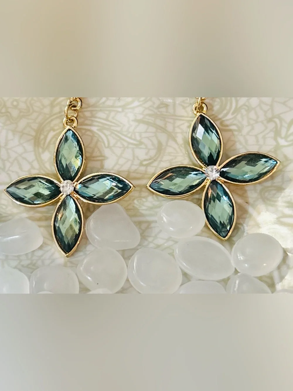 Gold Tone Drop Earrings with Teal Marquise Crystals - Elegant Floral Design
